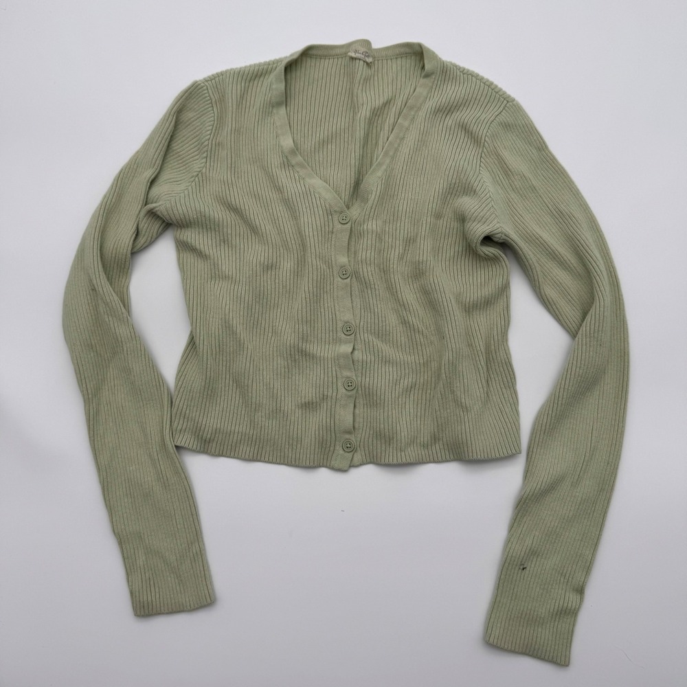 John Galt Sage Green Ribbed Button Front Cropped Cardigan Sweater
